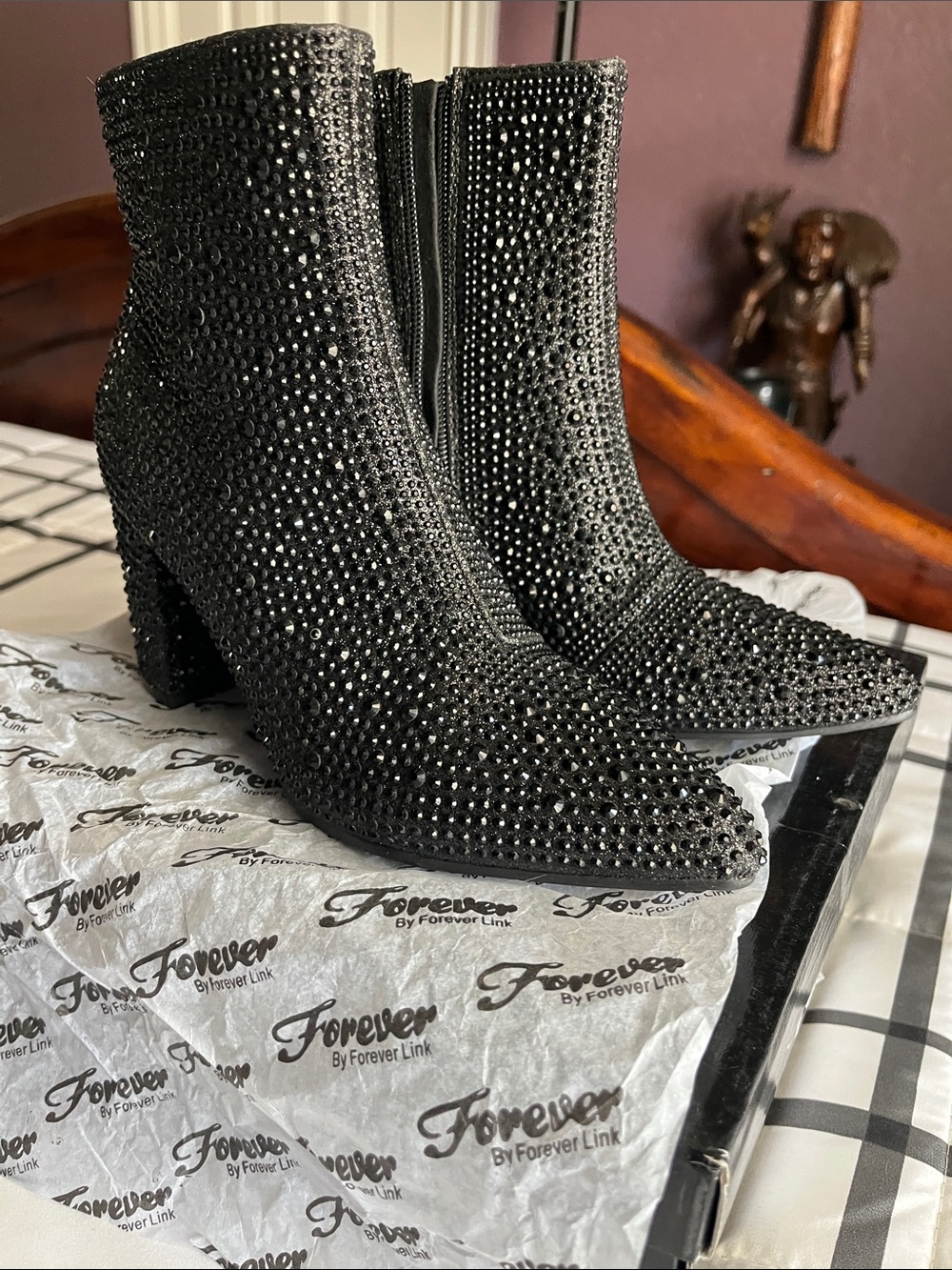 Forever Link Black Rhinestone Pointed Toe Block Heel Ankle Booties